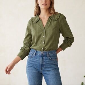 Madewell Ruffle Collar Button Up Front Shirt Olive Green Top 0